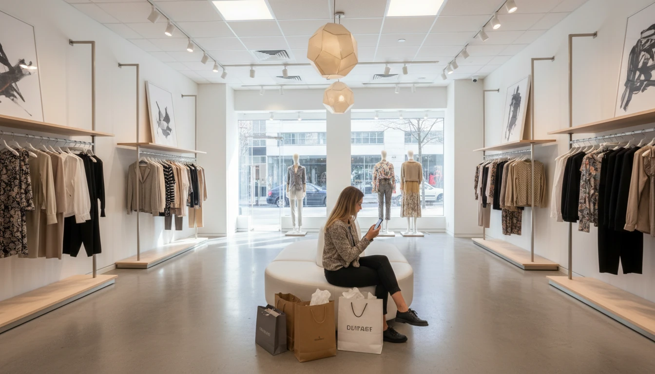 Shopper on their phone searching for clothing items while sitting in a fashion store