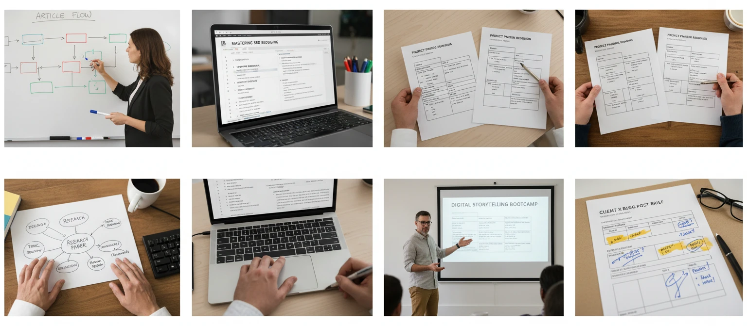 Wide editorial collage of writers, educators, and content creators working on content outlines in various professional settings