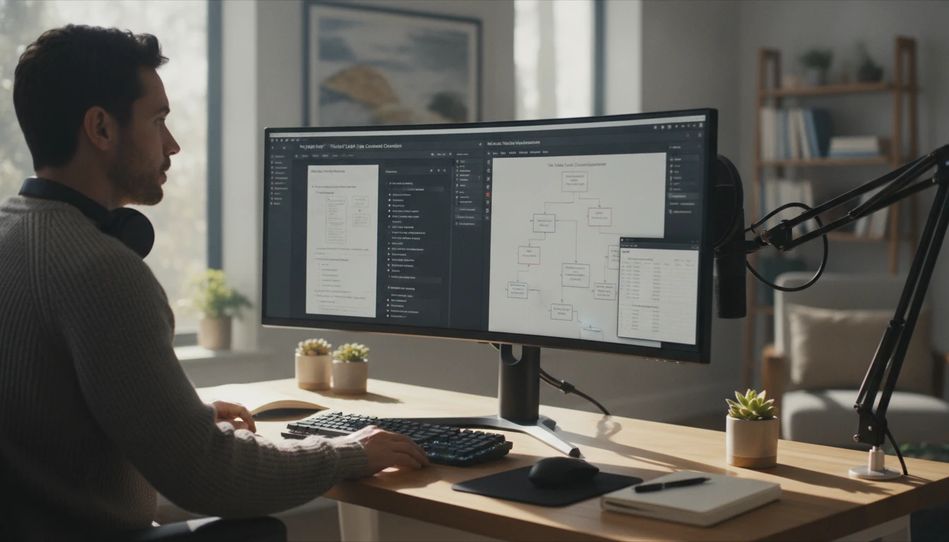 Content creator at a desk comparing outline structures for different content types on a large monitor