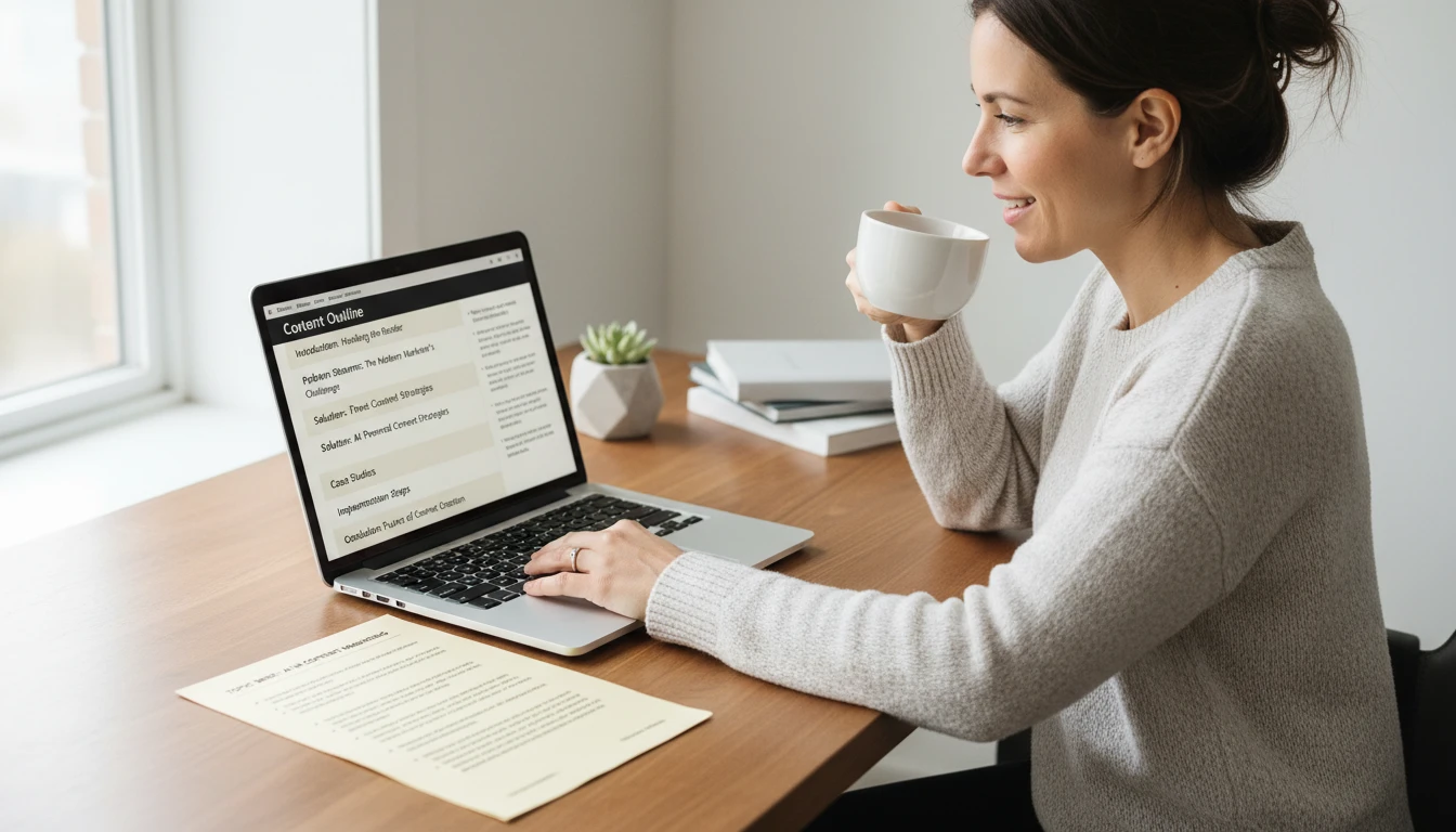 Writer at a desk reviewing a topic-specific content outline with detailed section titles on a laptop