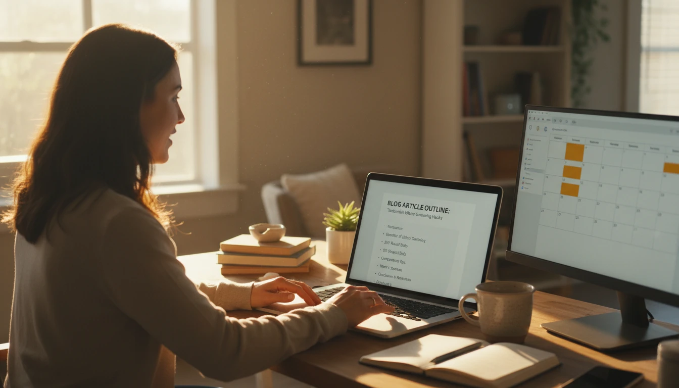 Blogger at a desk generating a detailed blog article outline before writing on a laptop