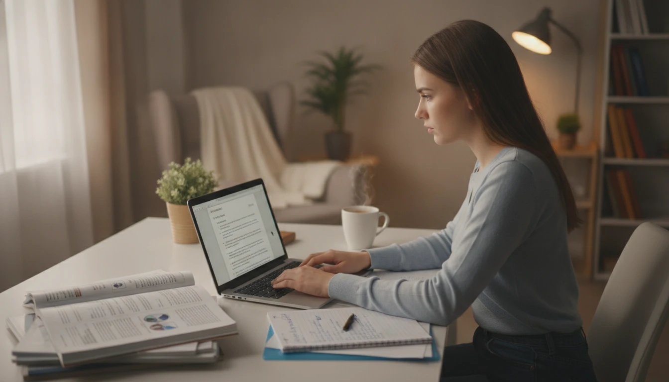 Student at a desk generating a research paper outline on a laptop with academic references open