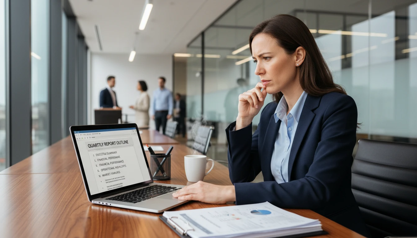 Business writer at a desk generating a quarterly report outline on a laptop for an executive presentation