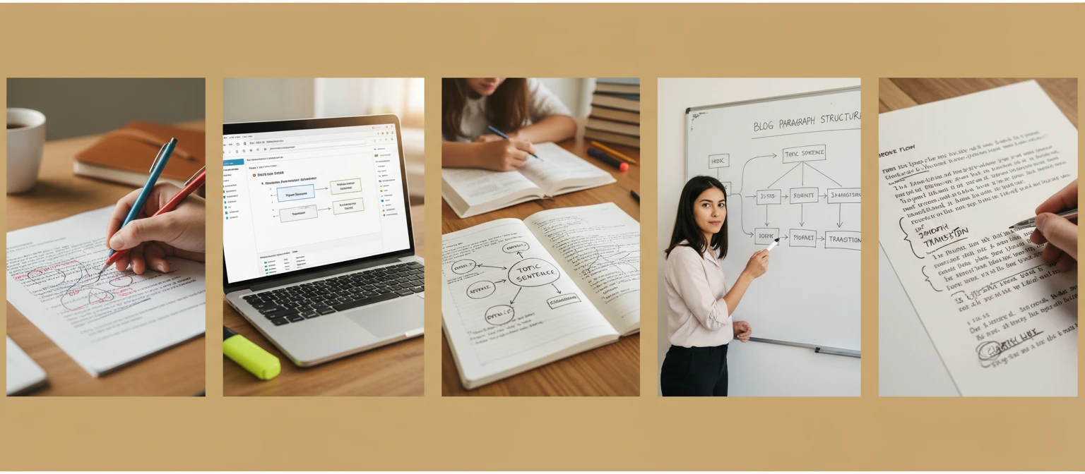Wide editorial collage of writers and content professionals working on paragraph writing in various settings