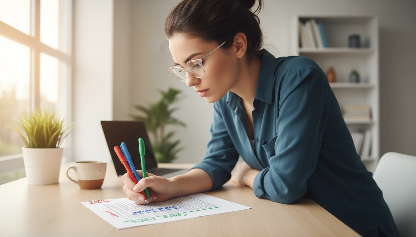 Writer at a desk annotating a paragraph structure on a printed page with color-coded pens