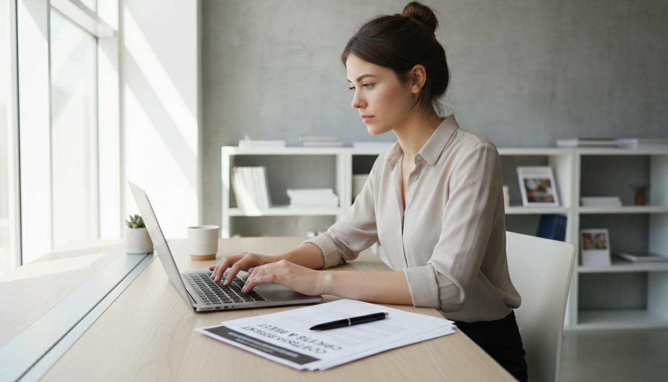 Content strategist at a desk selecting length and tone settings before generating paragraph content