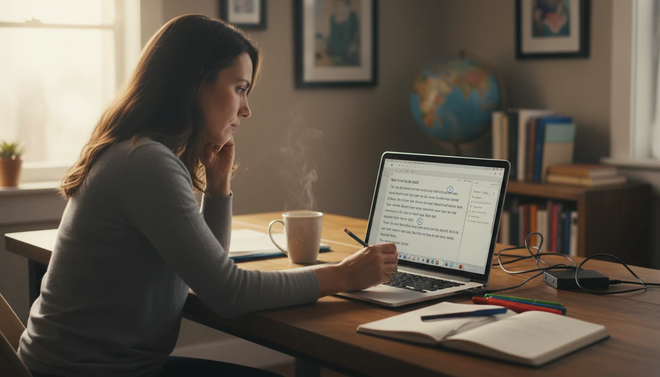Writing teacher at a desk reviewing craft notes alongside a generated paragraph on a laptop