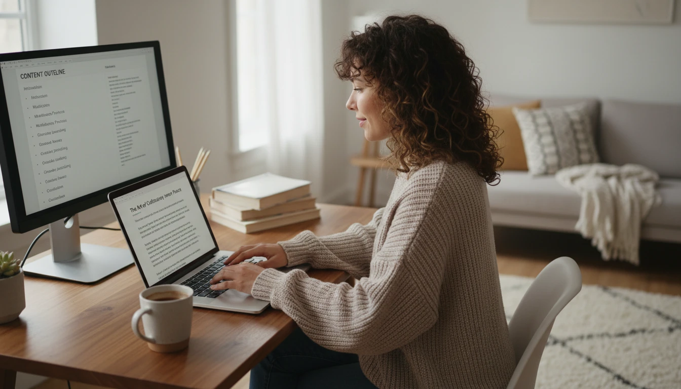 Blogger at a desk generating body paragraphs for an article using the AI tool on a laptop