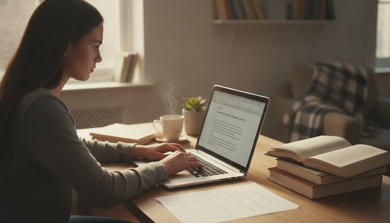 Student at a desk generating a paragraph for an essay using a laptop with course materials open