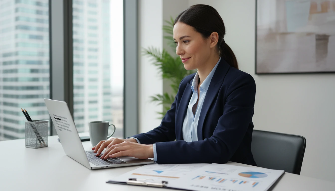 Marketing professional at a desk generating a persuasive paragraph for a pitch deck on a laptop