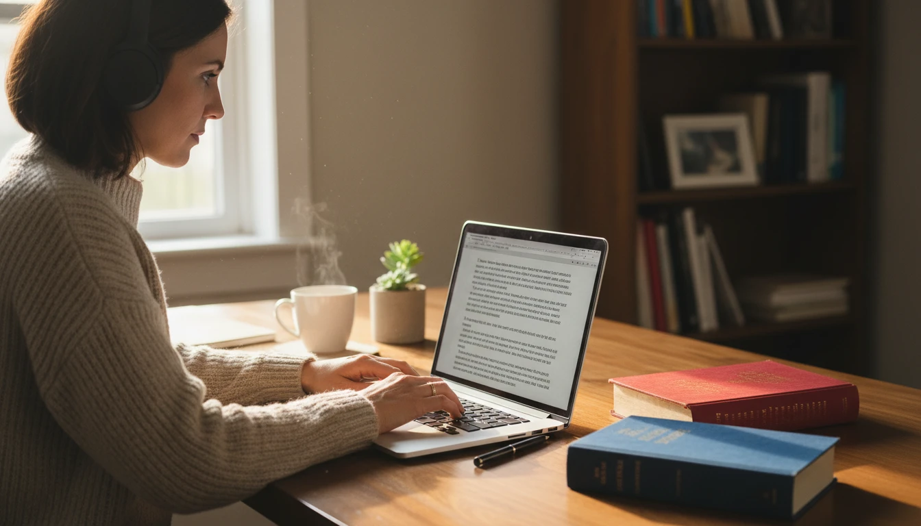 Professional at a desk generating a natural English paragraph on a laptop with a bilingual dictionary visible