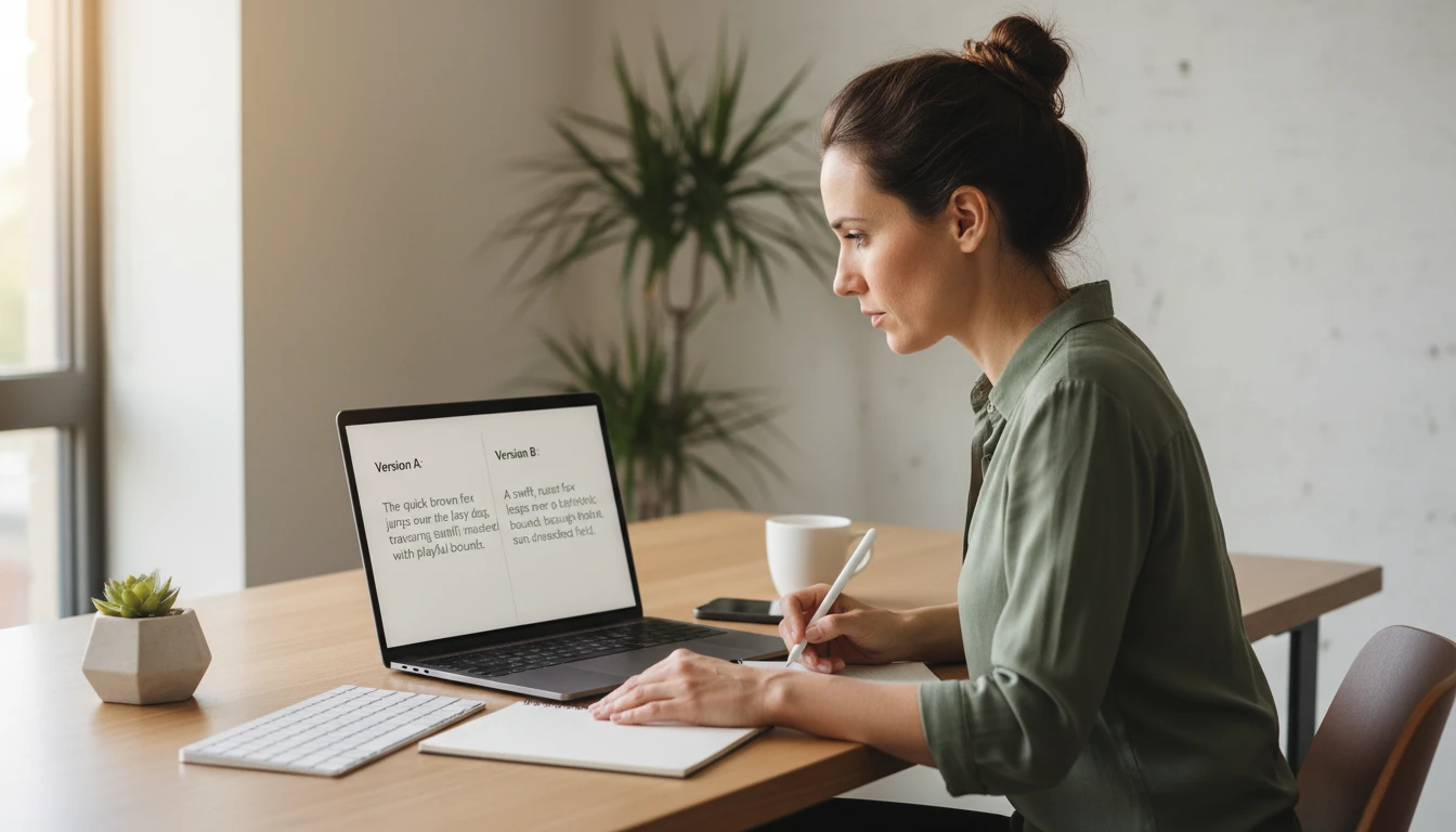 Content editor at a desk comparing the original and rewritten versions of a paragraph on a laptop