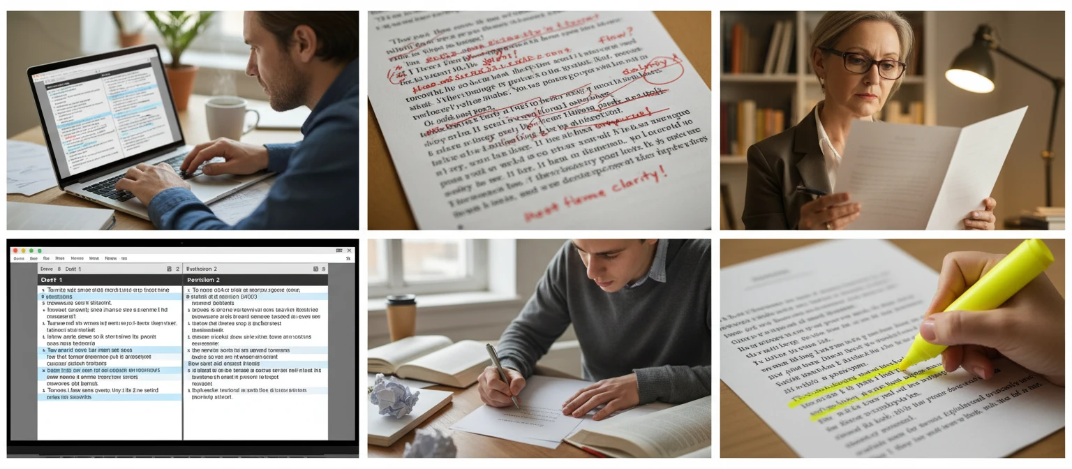 Wide editorial collage of writers and editors working on paragraph rewrites in various professional settings