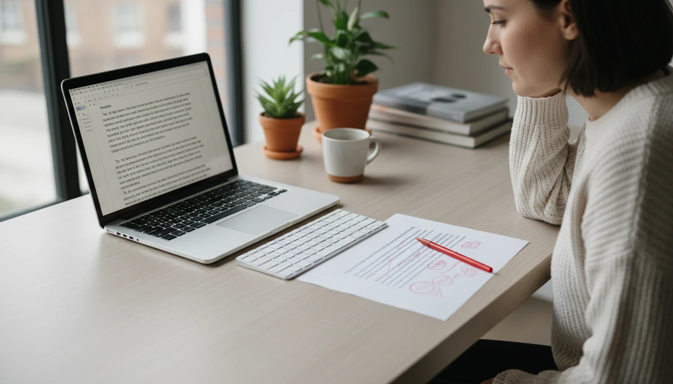 Writer reviewing a paragraph on a laptop with multiple rewrite style options shown on screen