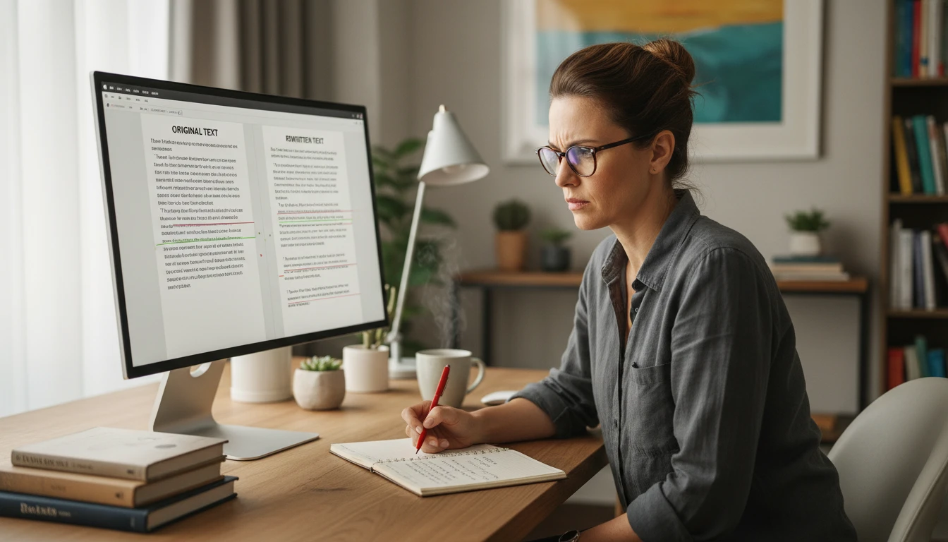 Editor reviewing a side-by-side comparison of original and rewritten paragraph text on a screen