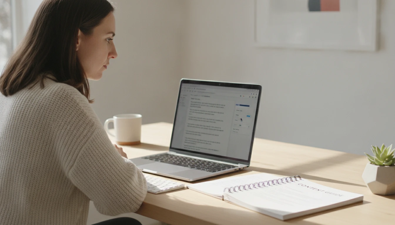 UX writer selecting tone and audience settings before rewriting a paragraph on a laptop