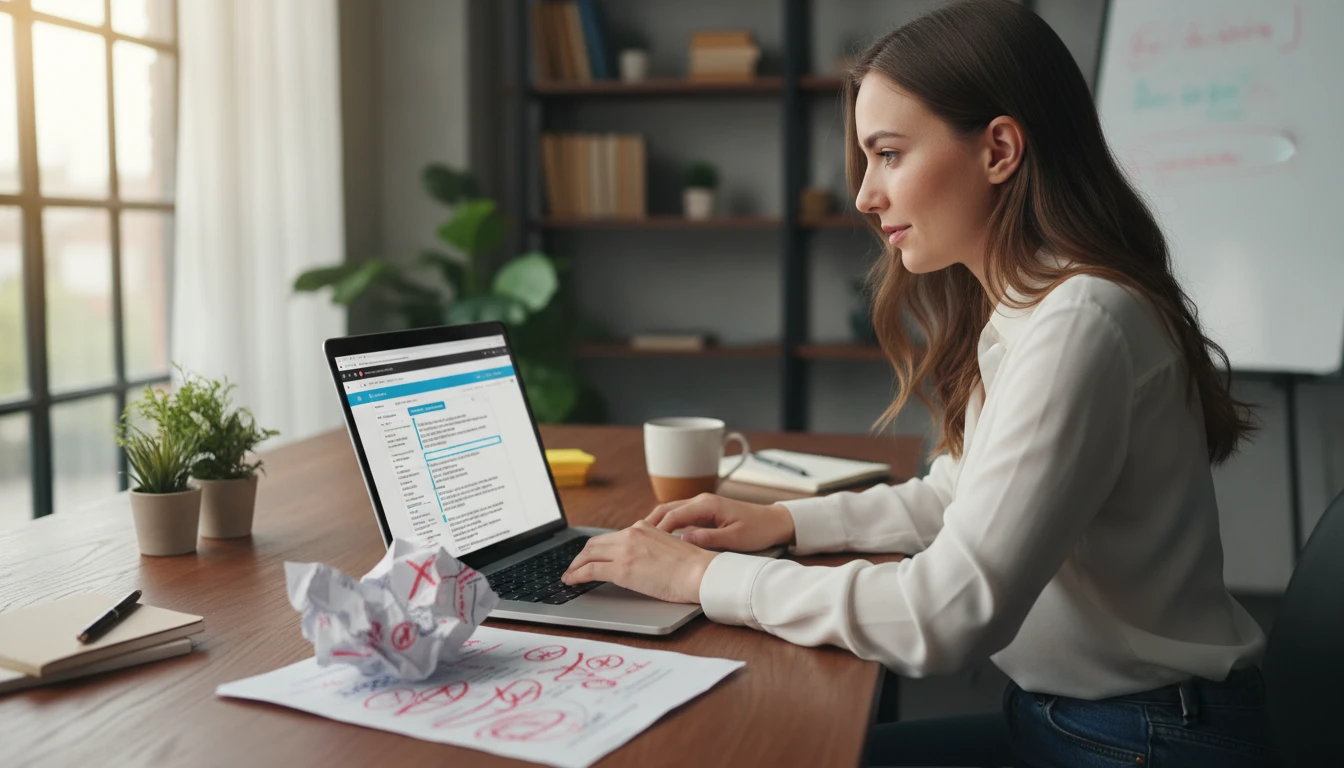 Content writer at a desk editing a paragraph using the rewriter tool on a laptop