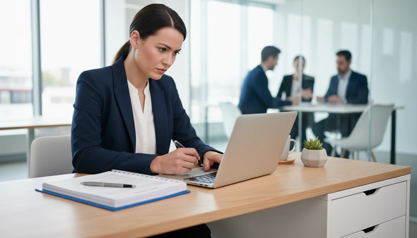 Business professional at a desk rewriting a corporate policy paragraph on a laptop