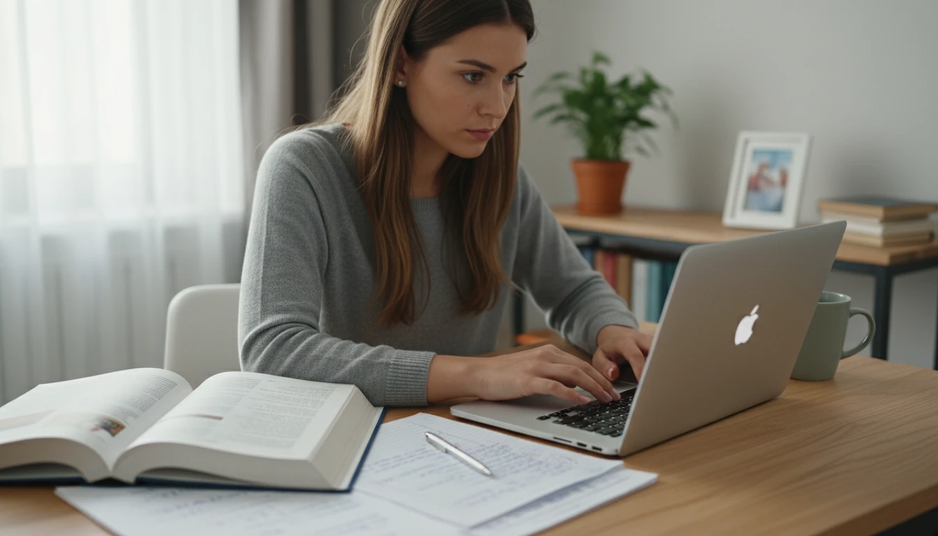 Student at a desk rewriting a draft paragraph for an essay using a laptop