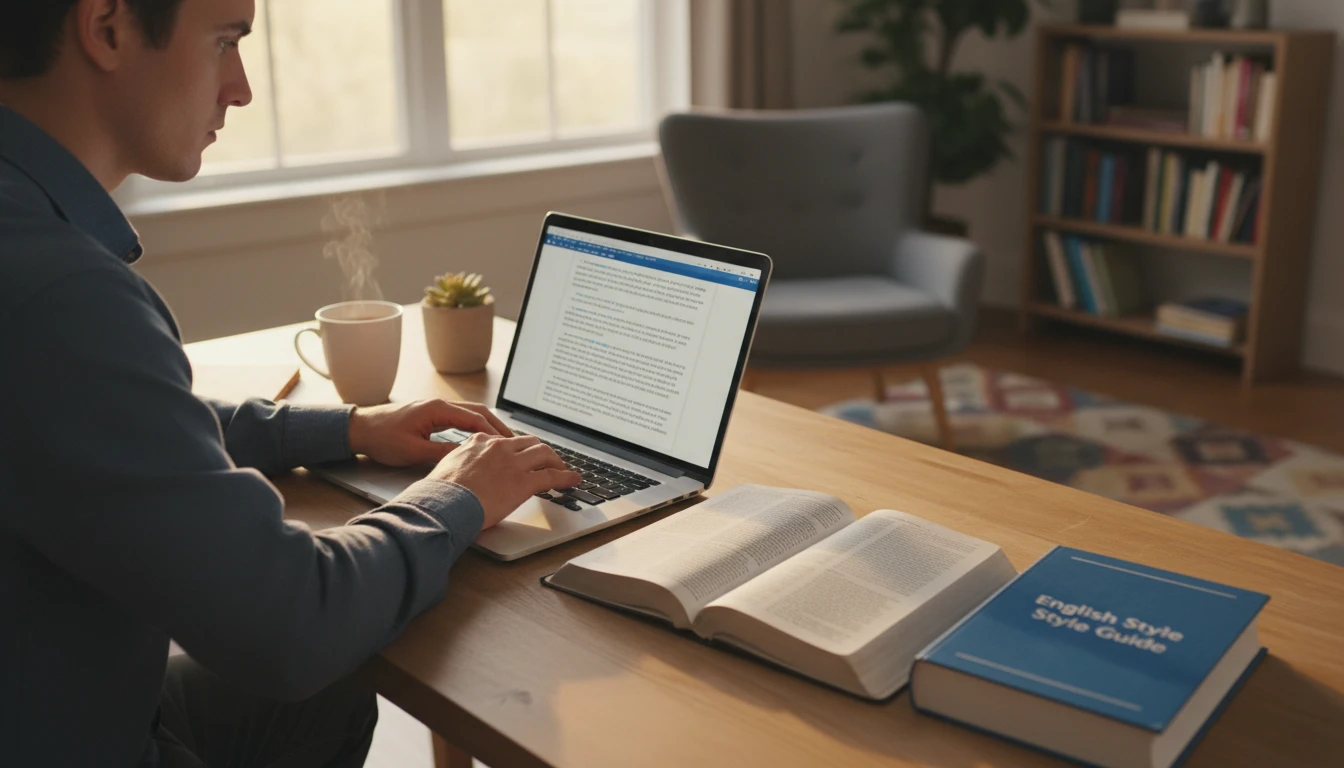 Professional at a desk rewriting an English paragraph for clarity and natural flow on a laptop