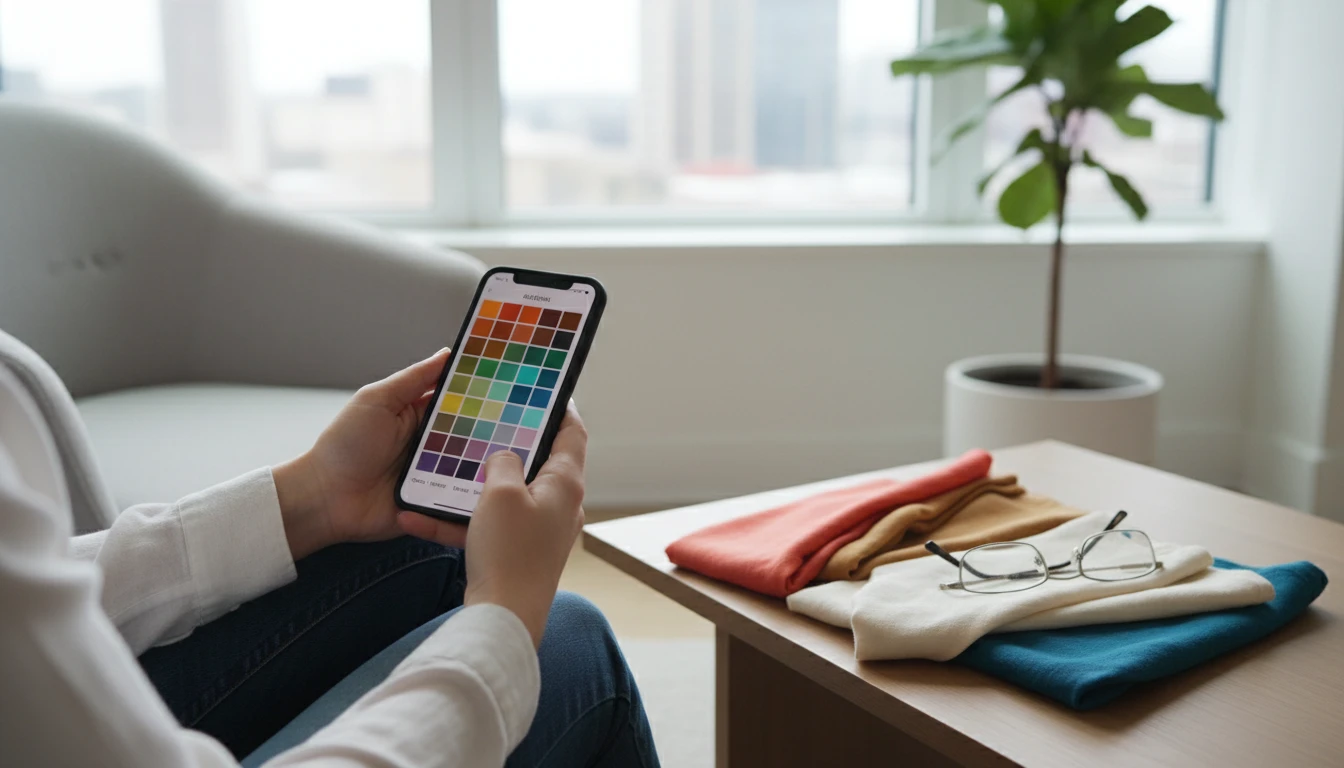 Person holding a phone showing a seasonal color palette next to fabric swatches