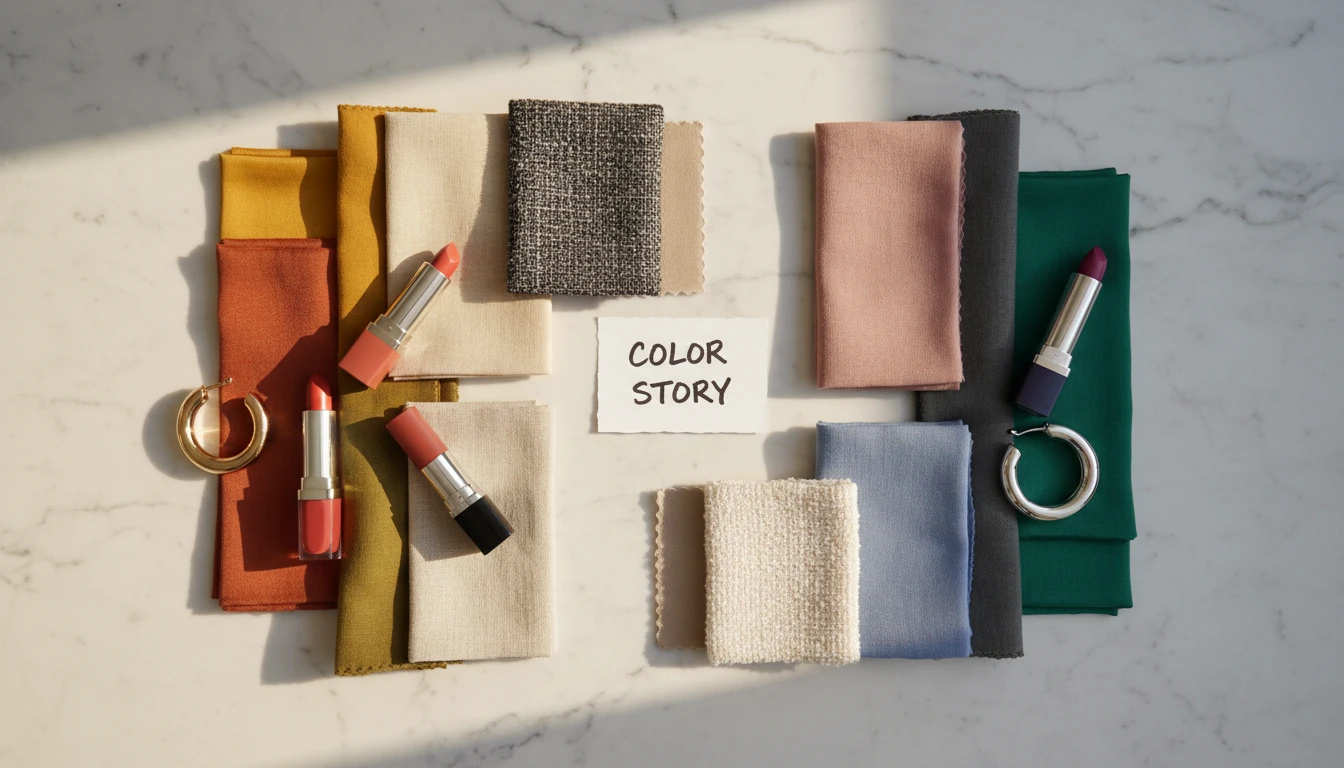 Flat-lay of clothing swatches, lipstick, and gold and silver jewelry