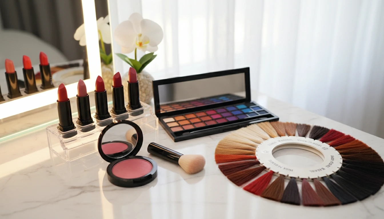 Makeup desk with lipstick, blush, and a hair-color ring