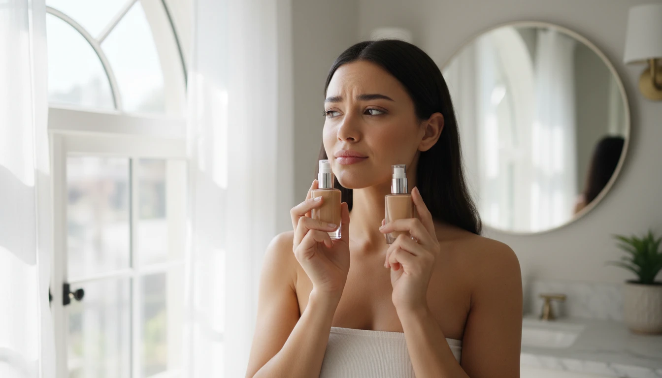 Person comparing two foundation bottles in a bathroom window