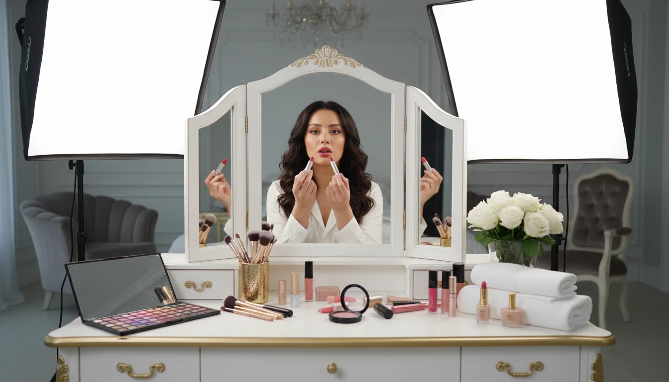 Person trying lipstick shades in a mirror