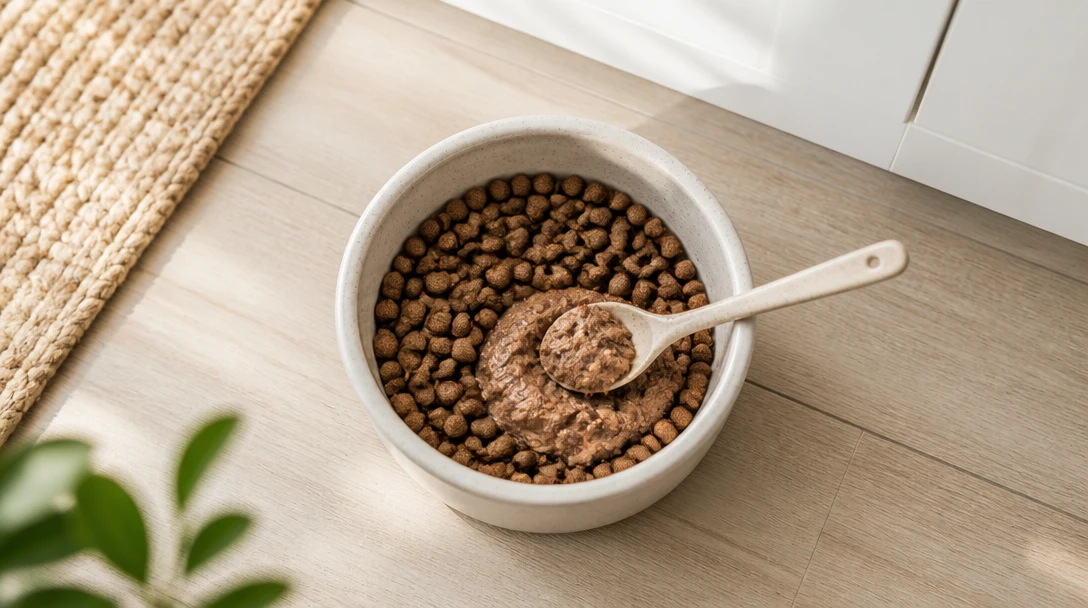 Overhead photo of a dog bowl with food