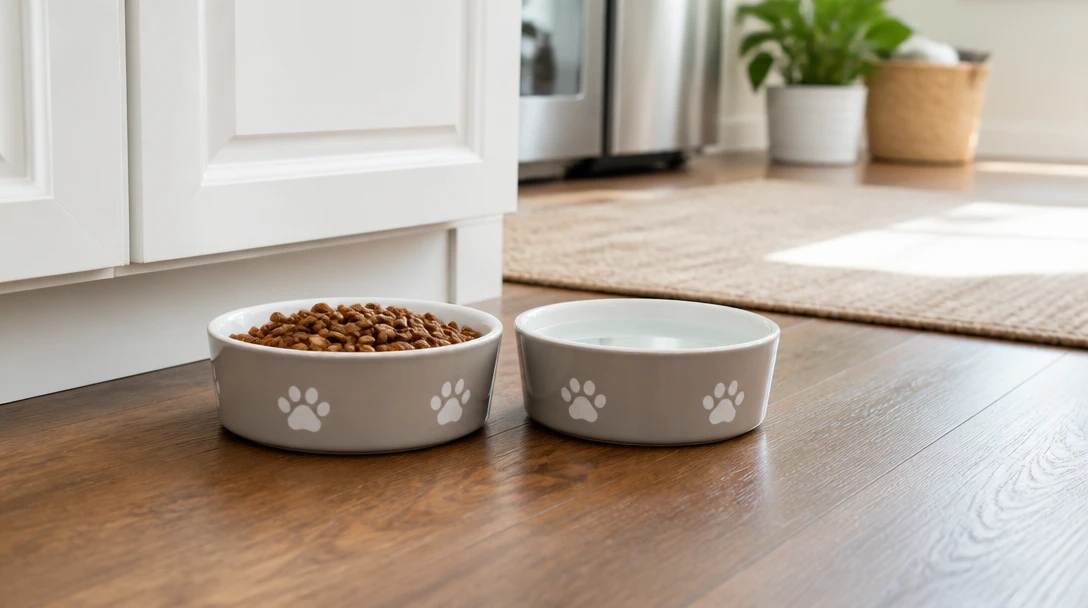Pet bowls on a kitchen floor