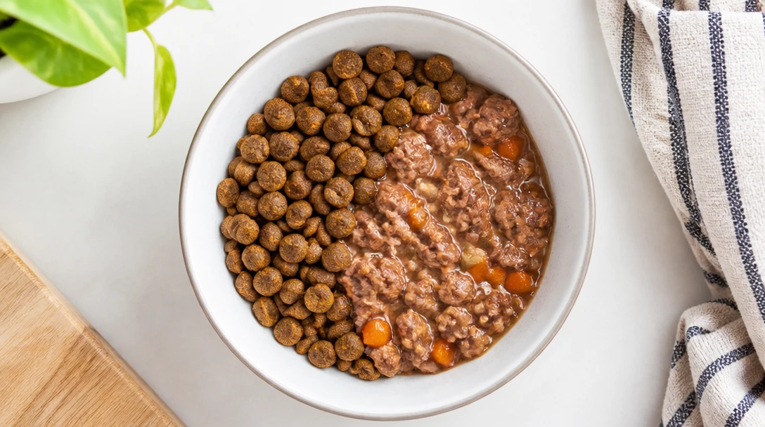 Mixed wet and dry food in a bowl