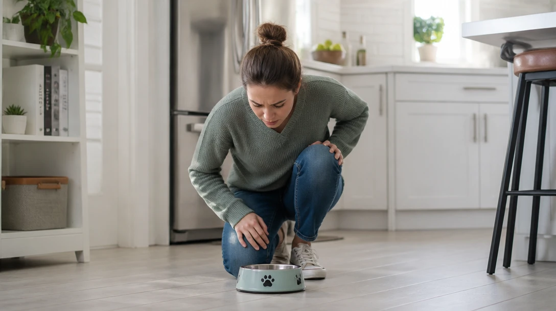 Person checking a pet bowl