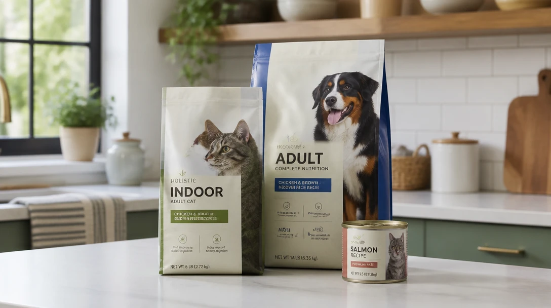 Pet food bags on a kitchen counter