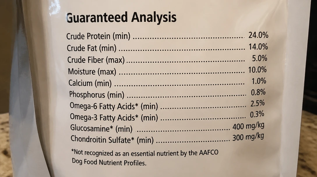 Close-up of a pet food guaranteed analysis panel