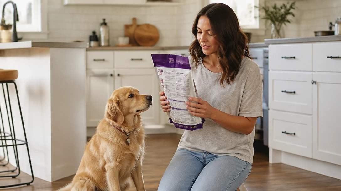 Pet owner reading a food bag at home with a dog nearby