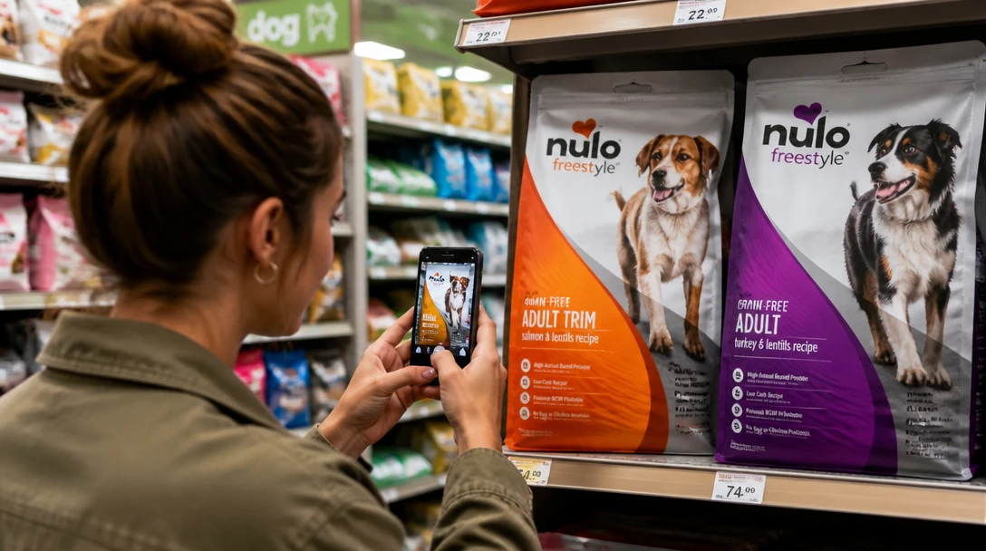 Person in a store aisle photographing two pet food bags