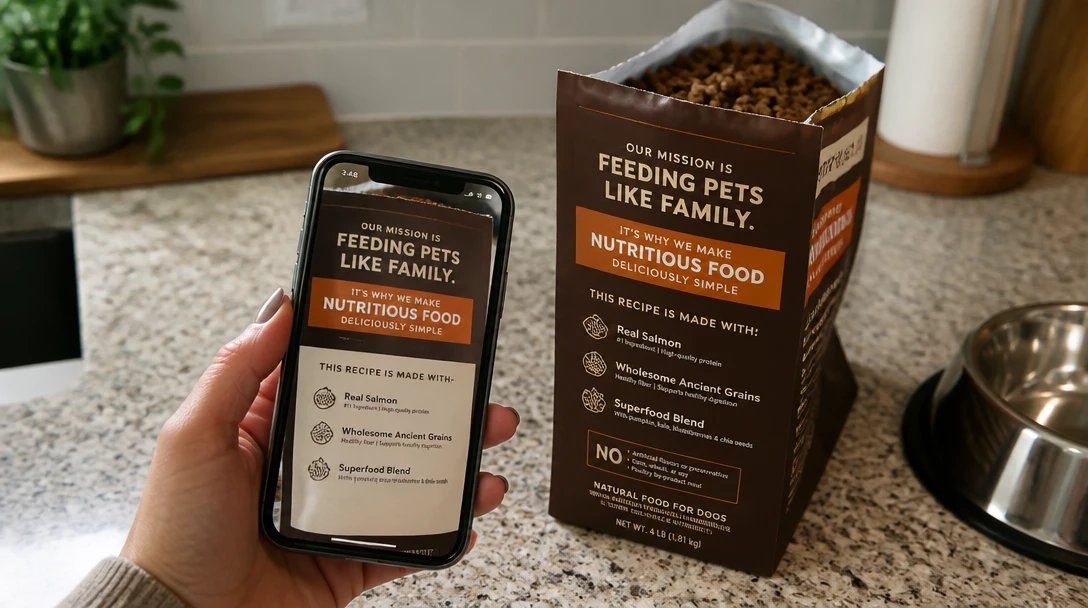 Kitchen counter with a pet food bag and a phone