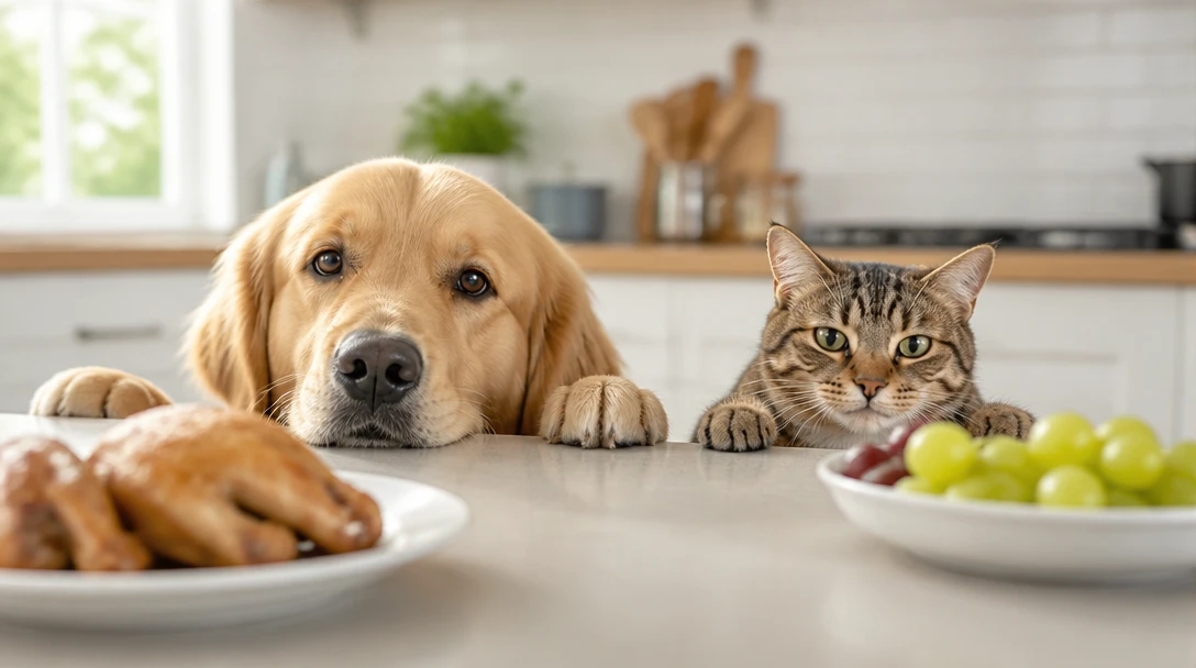 A dog and a cat in a kitchen