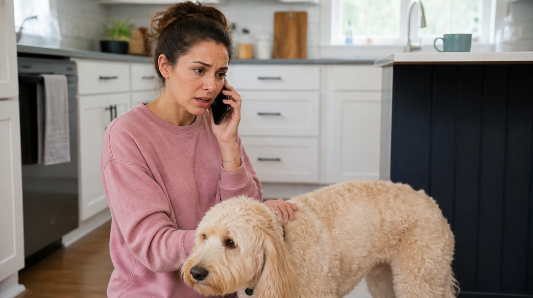 Pet owner on the phone in a kitchen