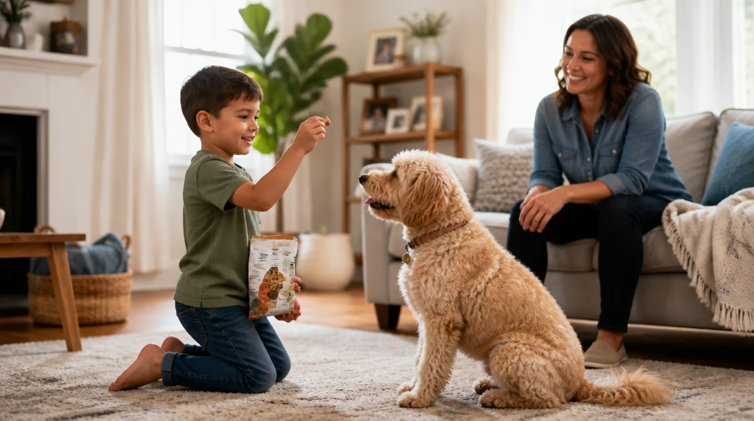 Child holding a snack near a dog