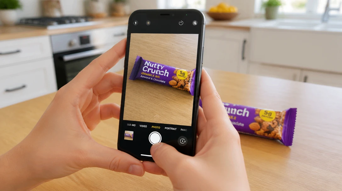 Person photographing a snack wrapper