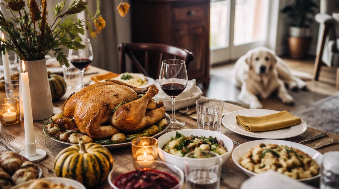 Holiday table with a dog in the background