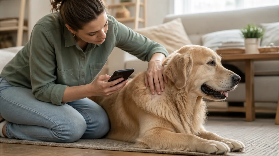 Pet owner gently checking a dog's coat in natural light while holding a phone