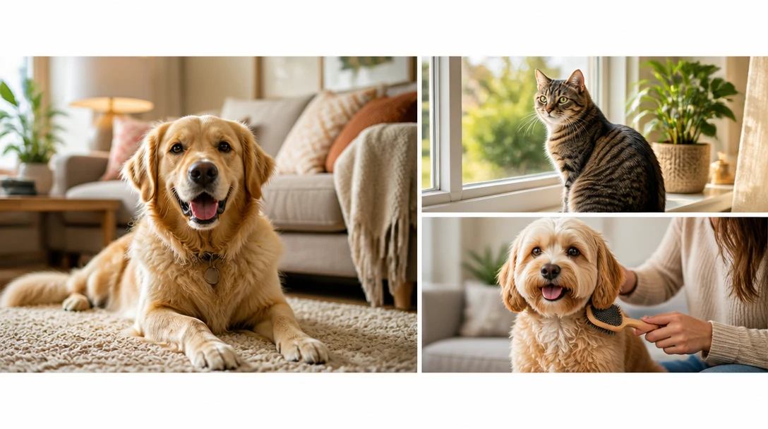 Collage of pets in calm home settings