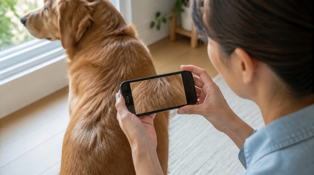 Close-up of a person photographing a dog's coat in good daylight