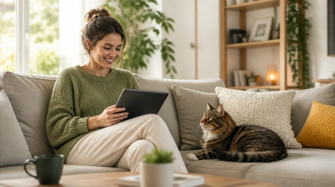 Pet owner reading pet care information at home beside their cat