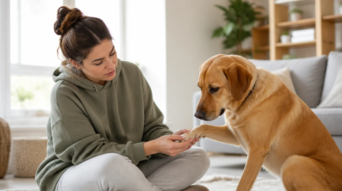 Pet owner looking at a dog's paw pad at home