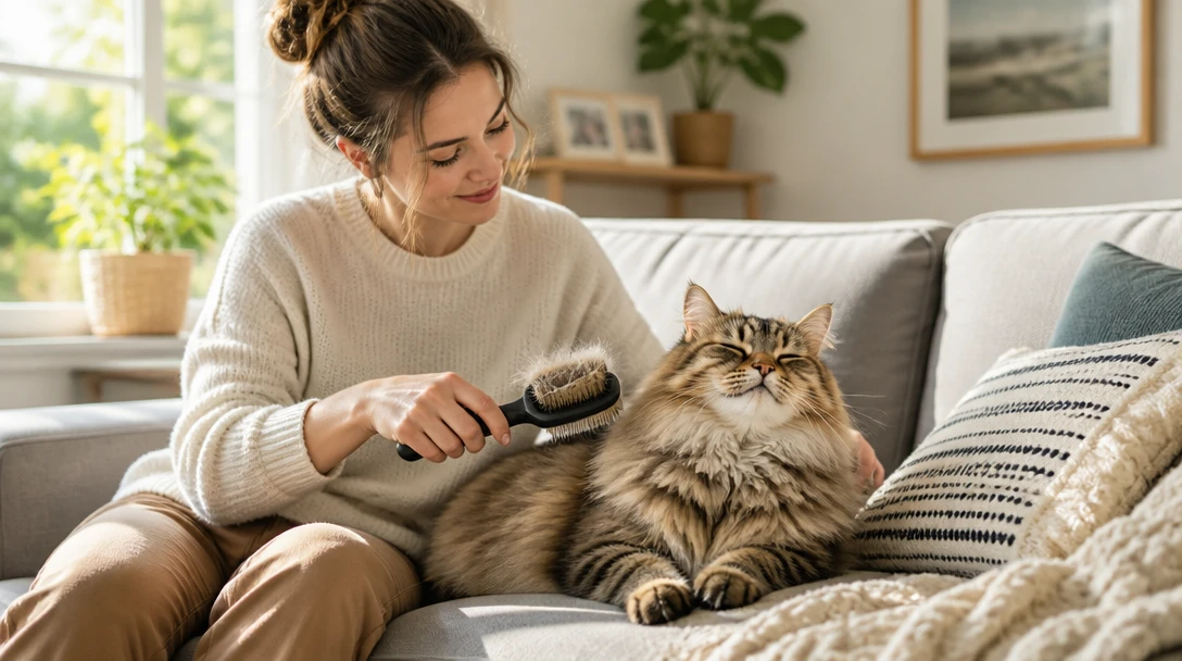 Person brushing a long-haired cat on a sofa