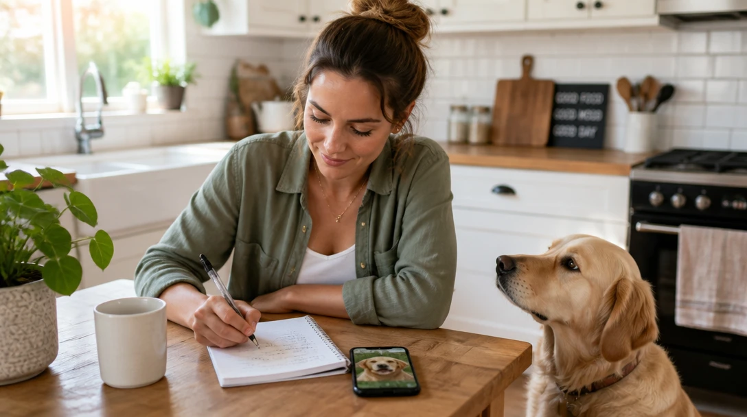 Pet owner writing notes before a vet appointment